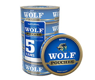A roll of 5 cans of Timber Wolf Mint moist snuff pouches.