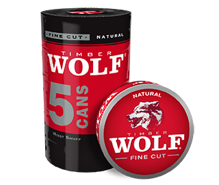 A roll of 5 cans of Timber Wolf Fine Cut Natural moist snuff.